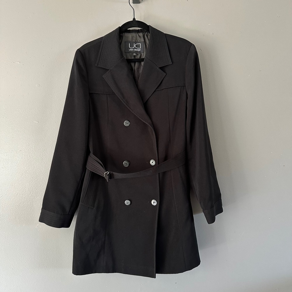 Utex Design Classic Black Belted Lightweight Peacoat Blazer Jacket Large